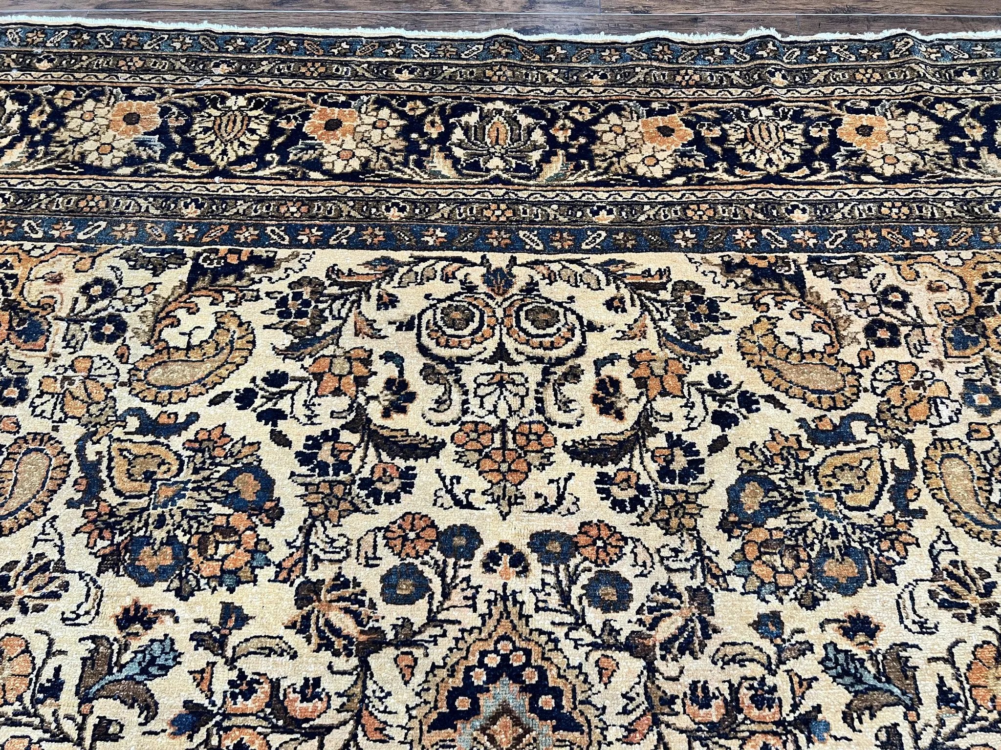 Antique Persian Rug 9x11, Wool Handmade 1920s Oriental Carpet, Persian Hamadan Anjelas Rug, Cream Black, Floral Allover Oriental Rug 9 x 11 Room Sized Rug by Jewel Rugs