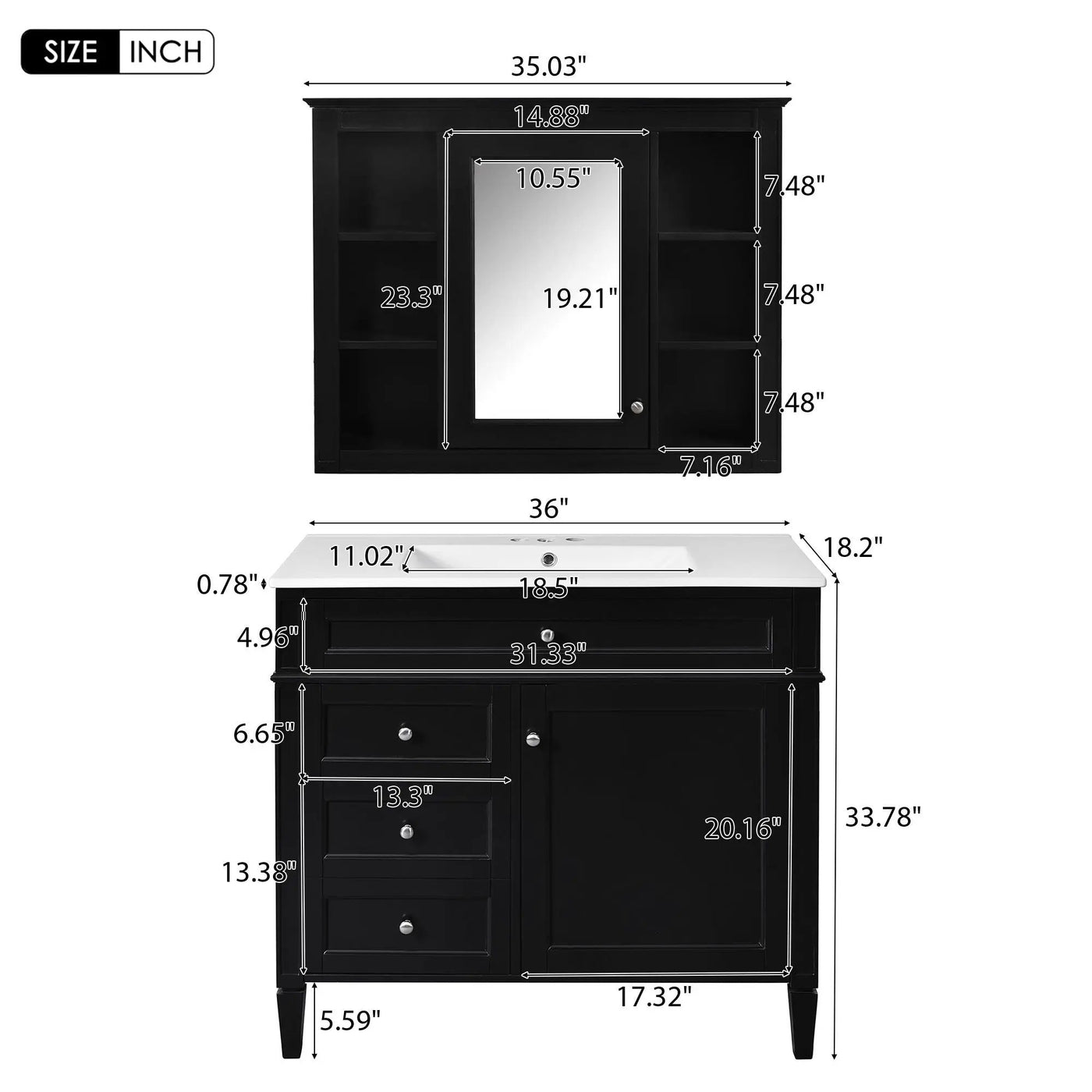 Bathroom Vanity With Mirror Cabinet, Single Sink With 2 Soft Closing Doors And 4 Drawers by HouseOfZazla