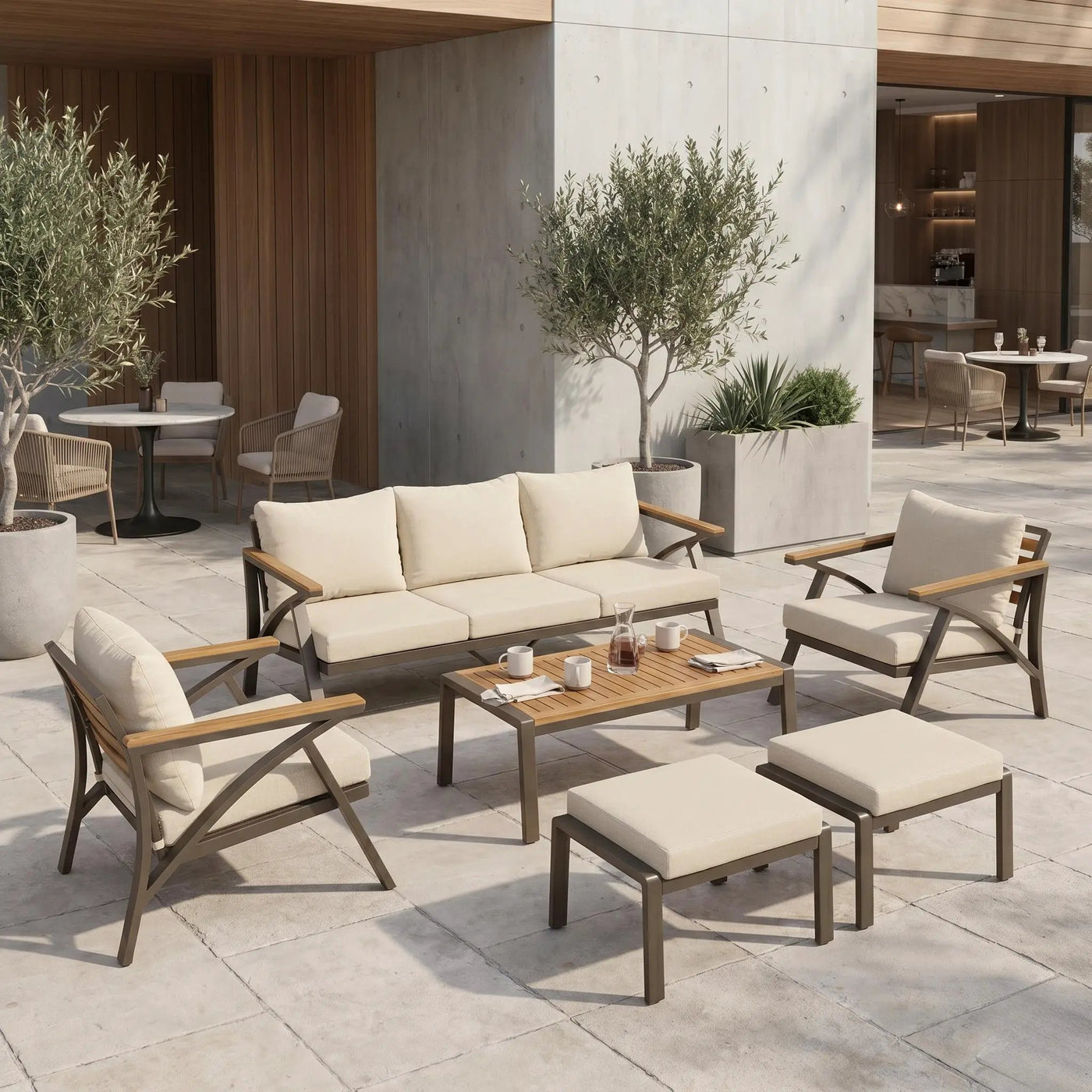 6-Piece Outdoor Patio Furniture Set with Steel Frame Sofa & Acacia Wood Table by HouseOfZazla