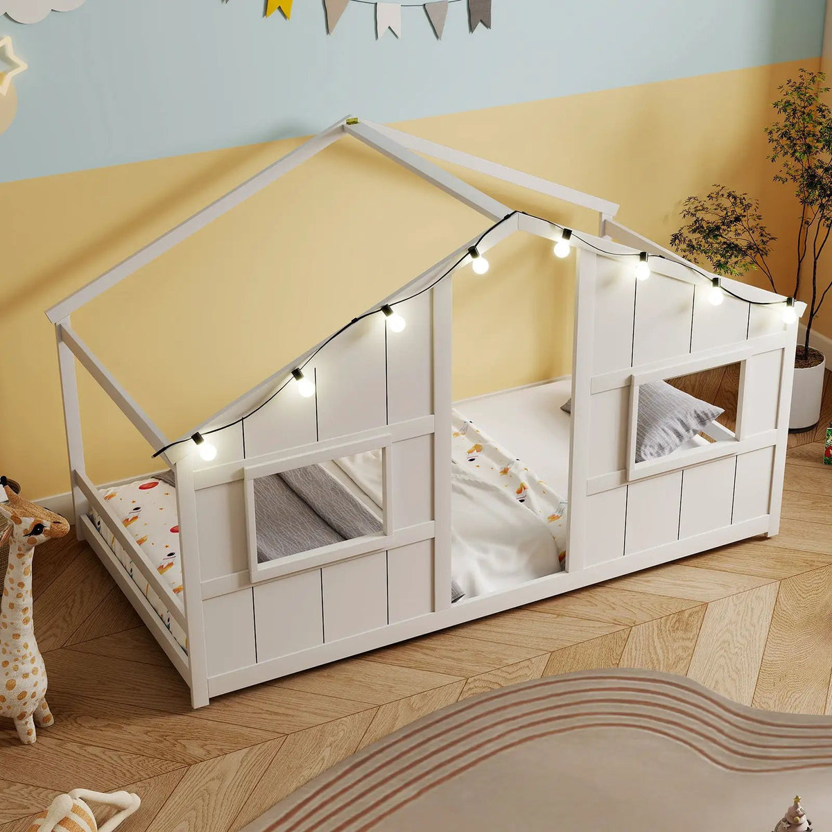 Twin Size House Bed with LED Lights Montessori Slat-free Floor Bed, photo 2 of 24
