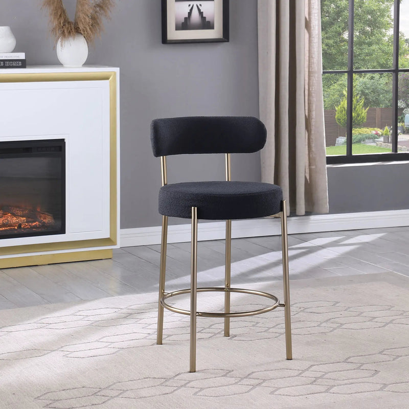 Modern Sherpa Counter Height Stools, Uphsoltered Seat Height Barstools With Brushed Brass Metal Legs Round Low Back Kitchen Stools With Footrest For Dining Room (Set of 2) by HouseOfZazla