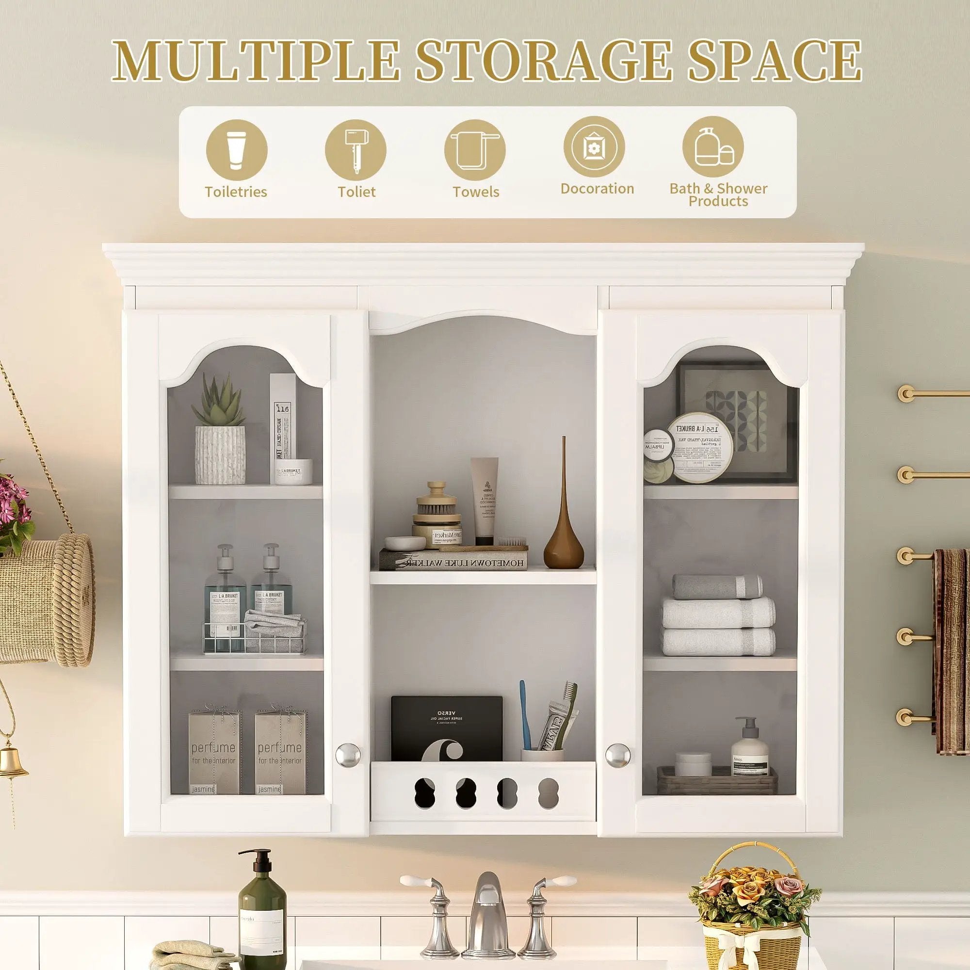 Wall-Mounted Medicine Cabinet With 2 Glass Doors, Adjustable Shelves - White by Unique Piece Furniture