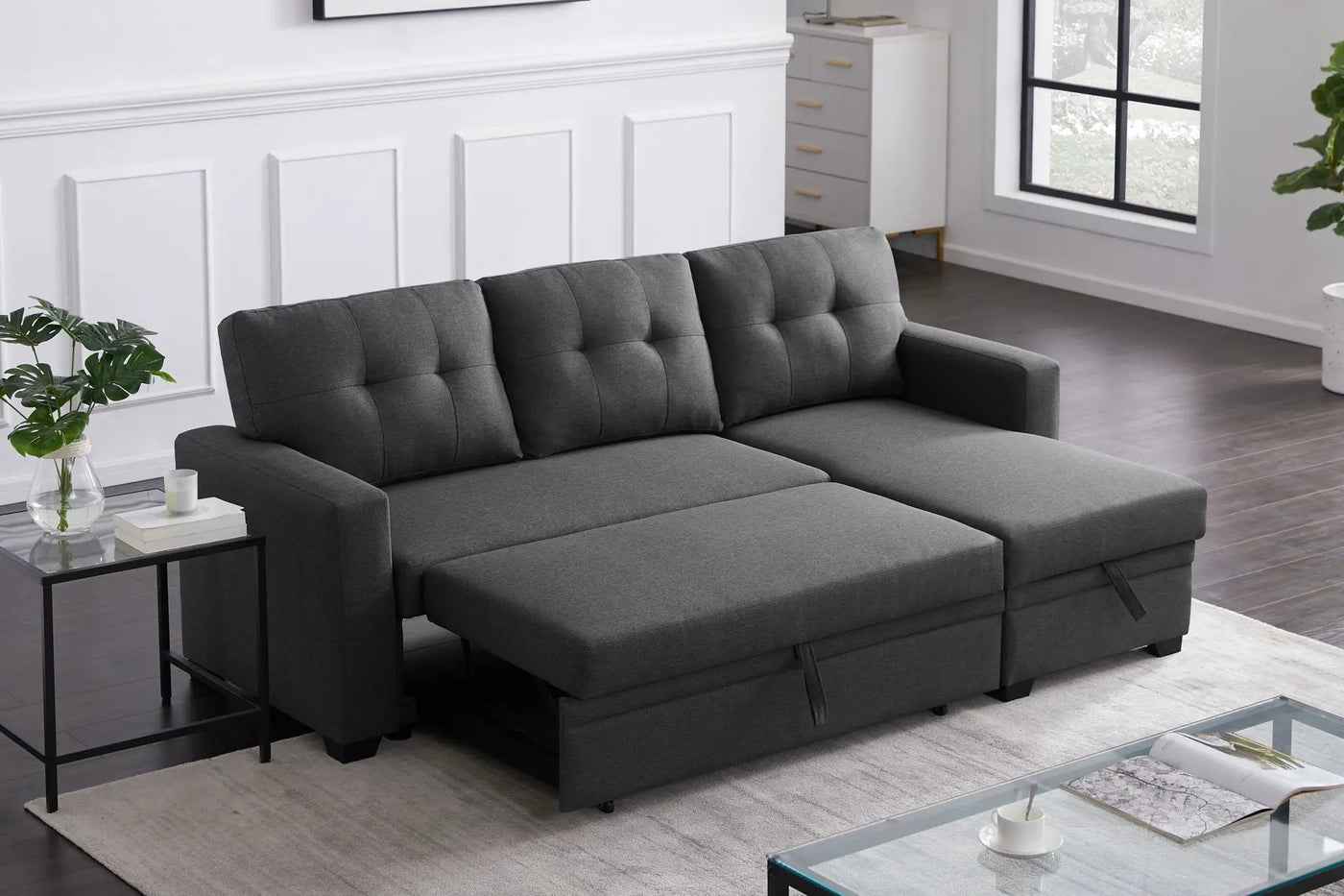 Upholstered Pull Out Sectional Sofa With Chaise by Unique Piece Furniture