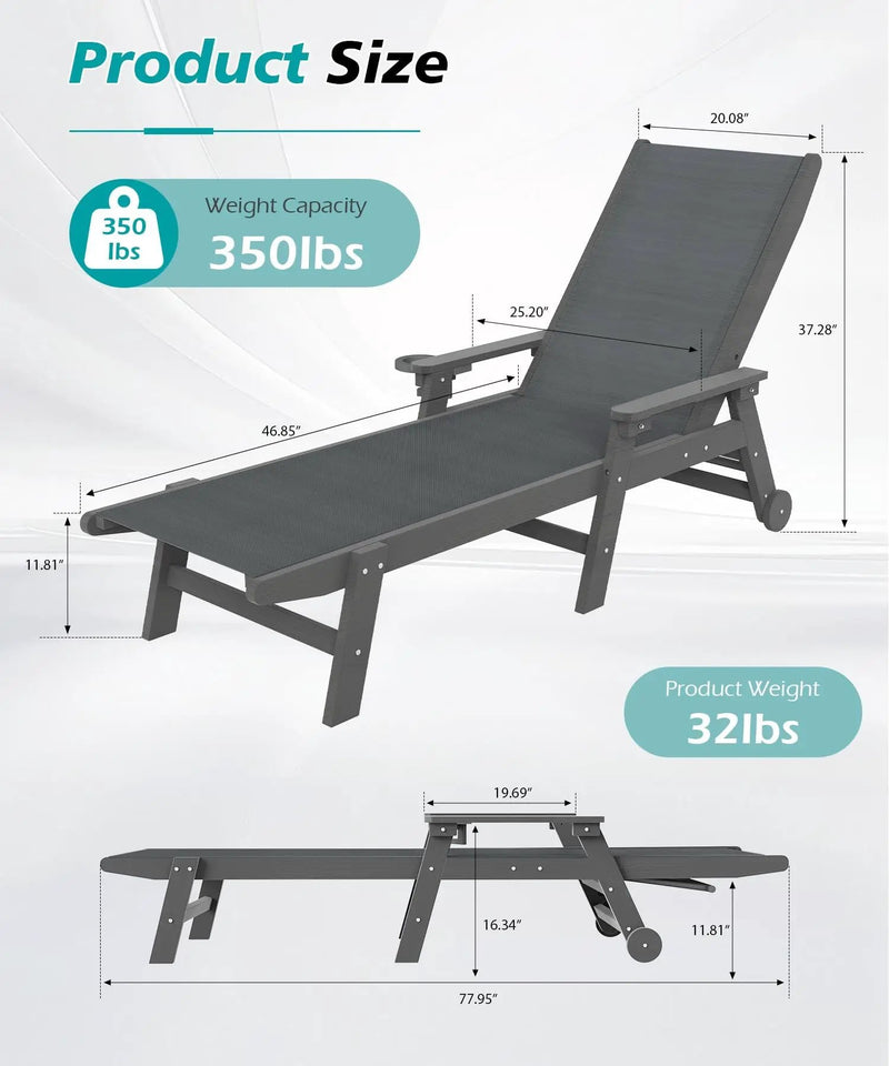 Lounge Chair Outdoor, HDPE Chaise Lounge with Wheels and Adjustable Recliner by HouseOfZazla
