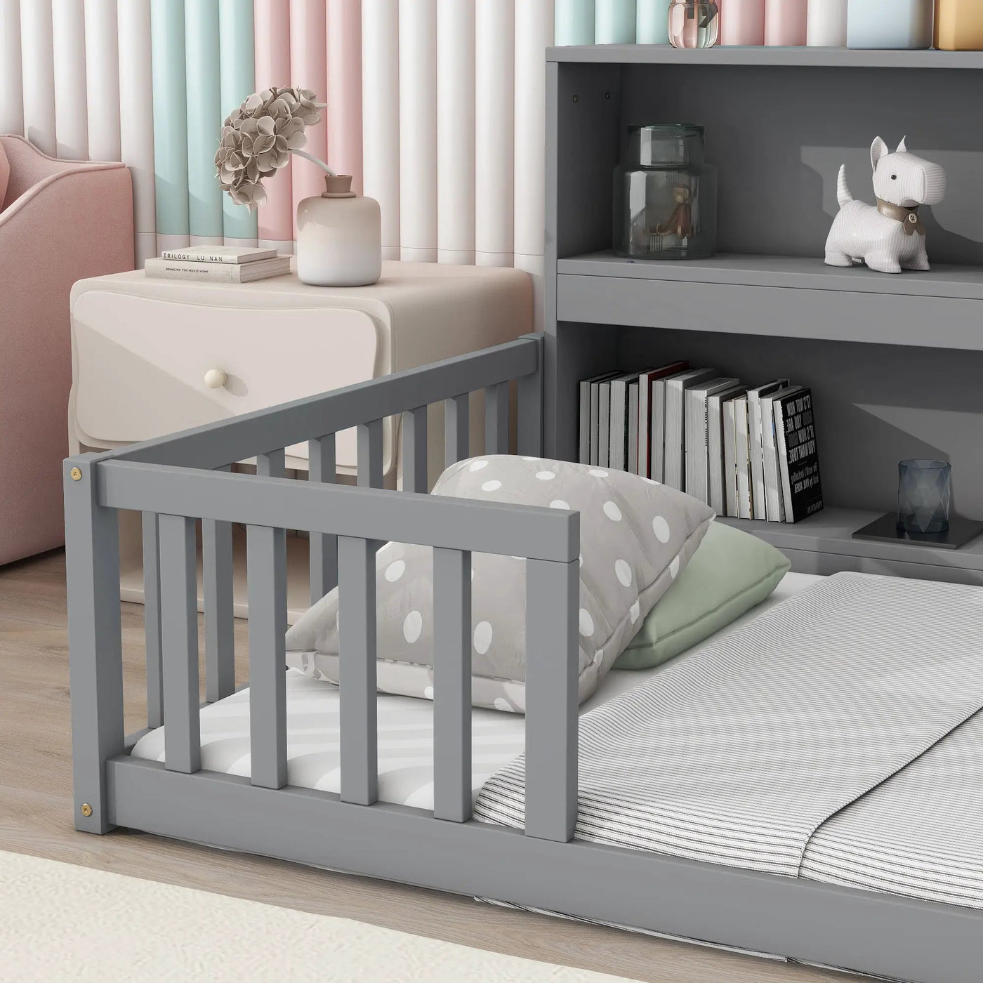 Floor Bed With Bedside Bookcase, Shelves, Guardrails by HouseOfZazla