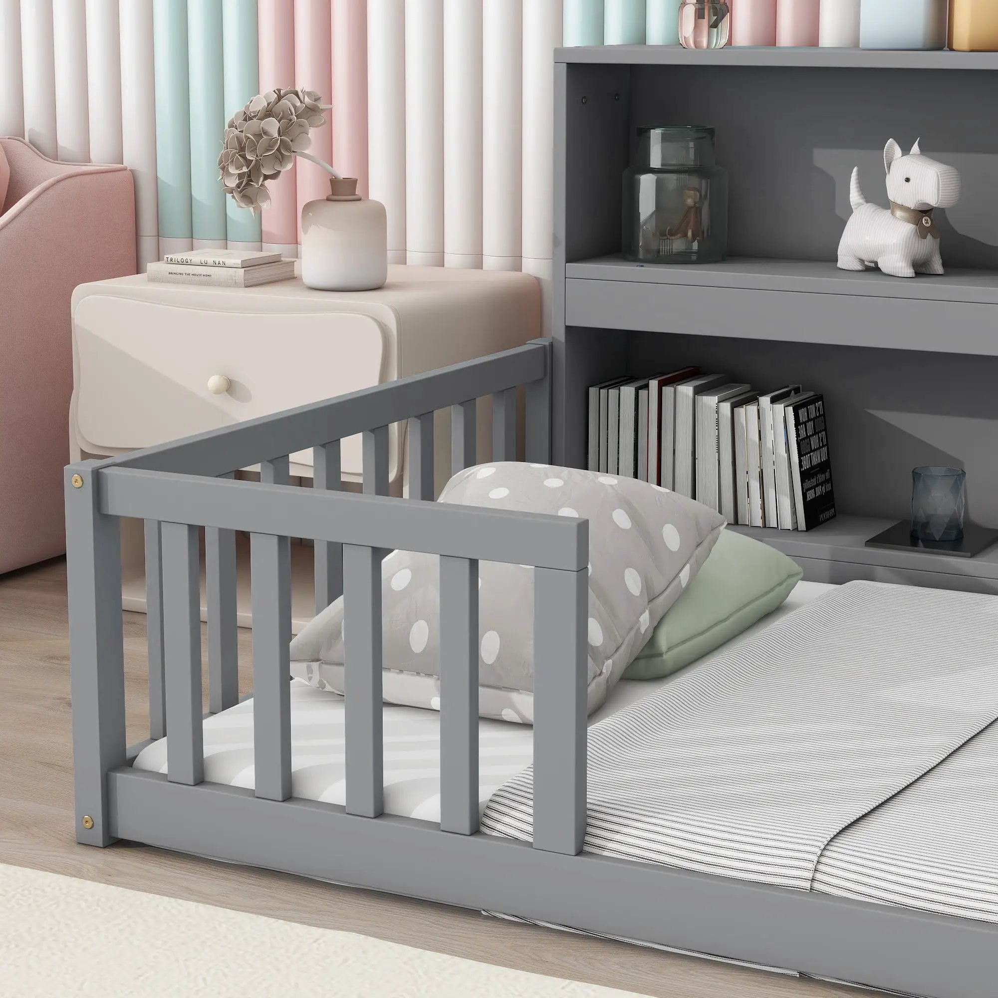 Floor Bed With Bedside Bookcase, Shelves, Guardrails by HouseOfZazla