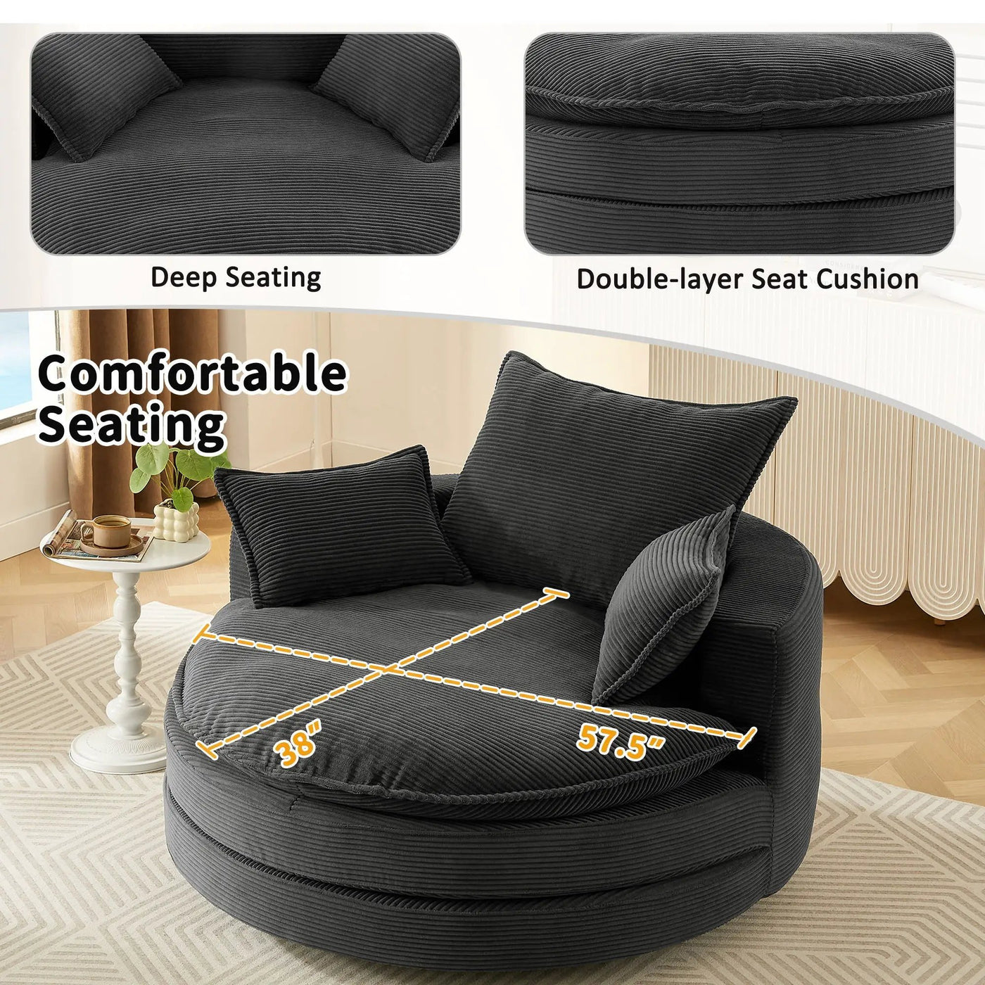 360° Swivel Accent Barrel Chair With Dual Layer Cushion And 3 Removable Pillows by Unique Piece Furniture