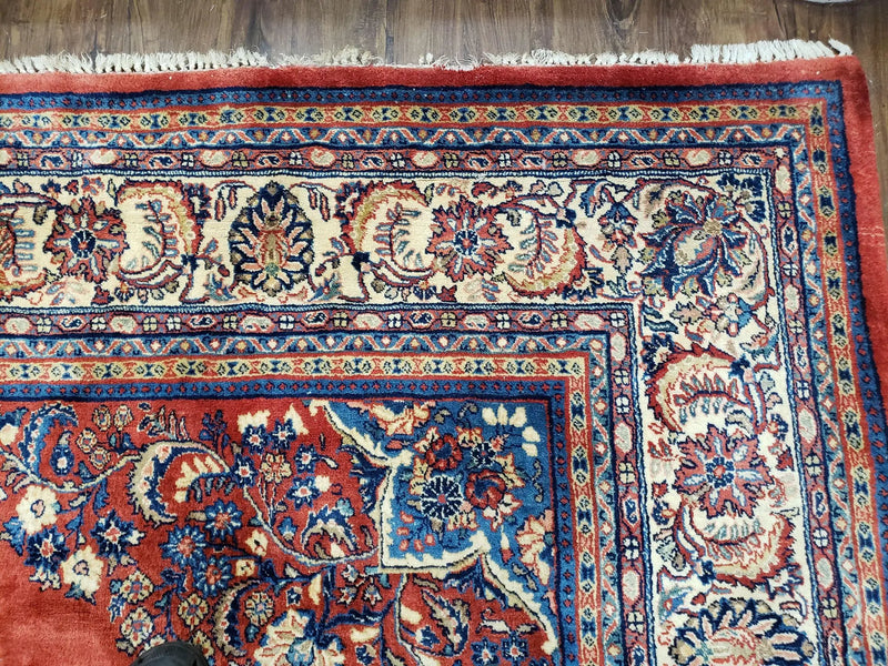 Semi Antique Persian Sarouk Rug 9x12, Semi Open Field with Central Medallion, Hand Knotted Wool, Tomato Red, 9 x 12 Authentic Oriental Carpet by Jewel Rugs