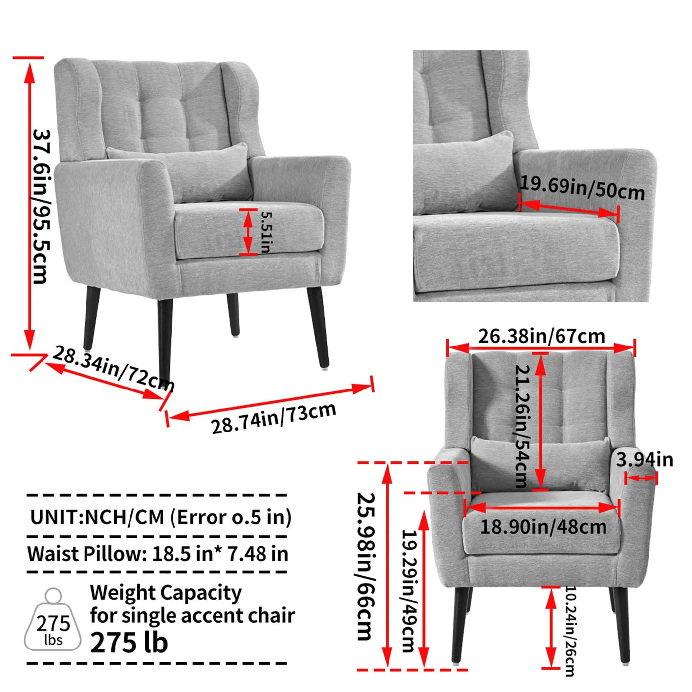 Modern Accent Chair, Arm Chairs For Living Room, Upholstered Mordern Armchair, Comfy Soft Padded Lounge Chair In Small Space, Bedroom, With Pillow, Solid Wood Leg by Unique Piece Furniture