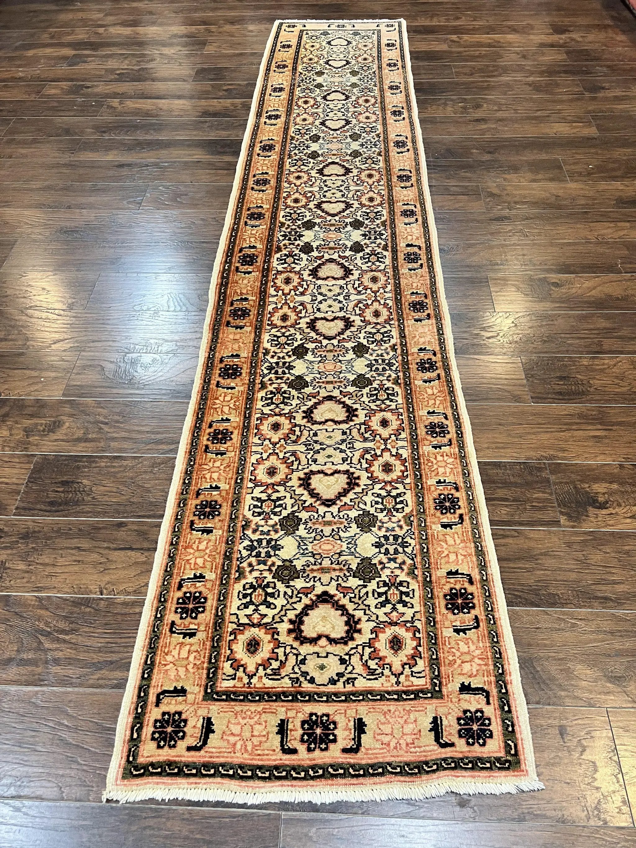 Romanian Runner Rug 2.6 x 12.9, Wool Handmade Hand Knotted Skinny Runner for Hallway, Floral Allover, Vintage Tan Runner by Jewel Rugs