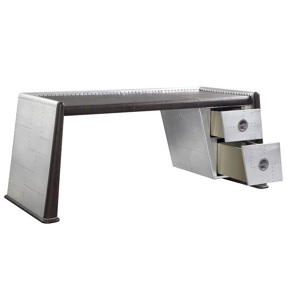 Brancaster - Executive Writing Desk - Distress Chocolate Top Grain Leather & Aluminum by Unique Piece Furniture