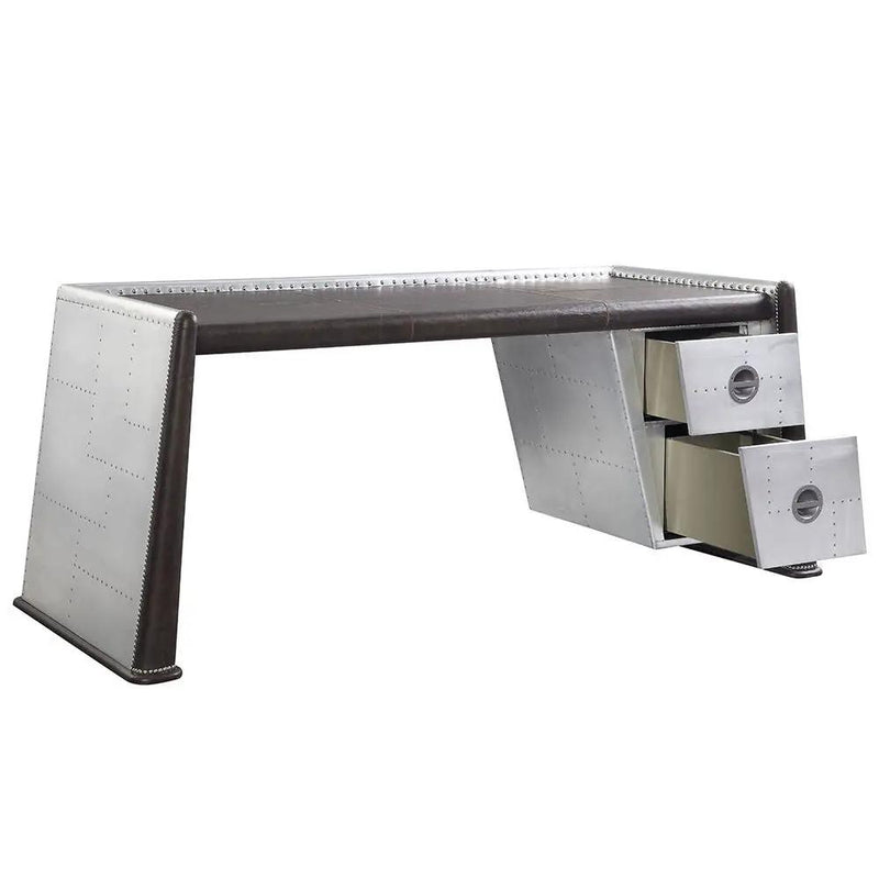 Brancaster - Executive Writing Desk - Distress Chocolate Top Grain Leather & Aluminum by Unique Piece Furniture