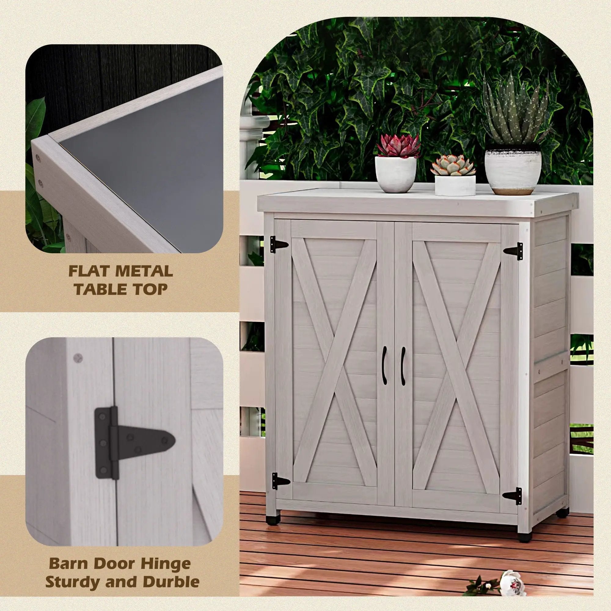 Rustic Cedar Wood Potting Bench With Storage Cabinet And Metal Top For Outdoor Patio - Gray by HouseOfZazla