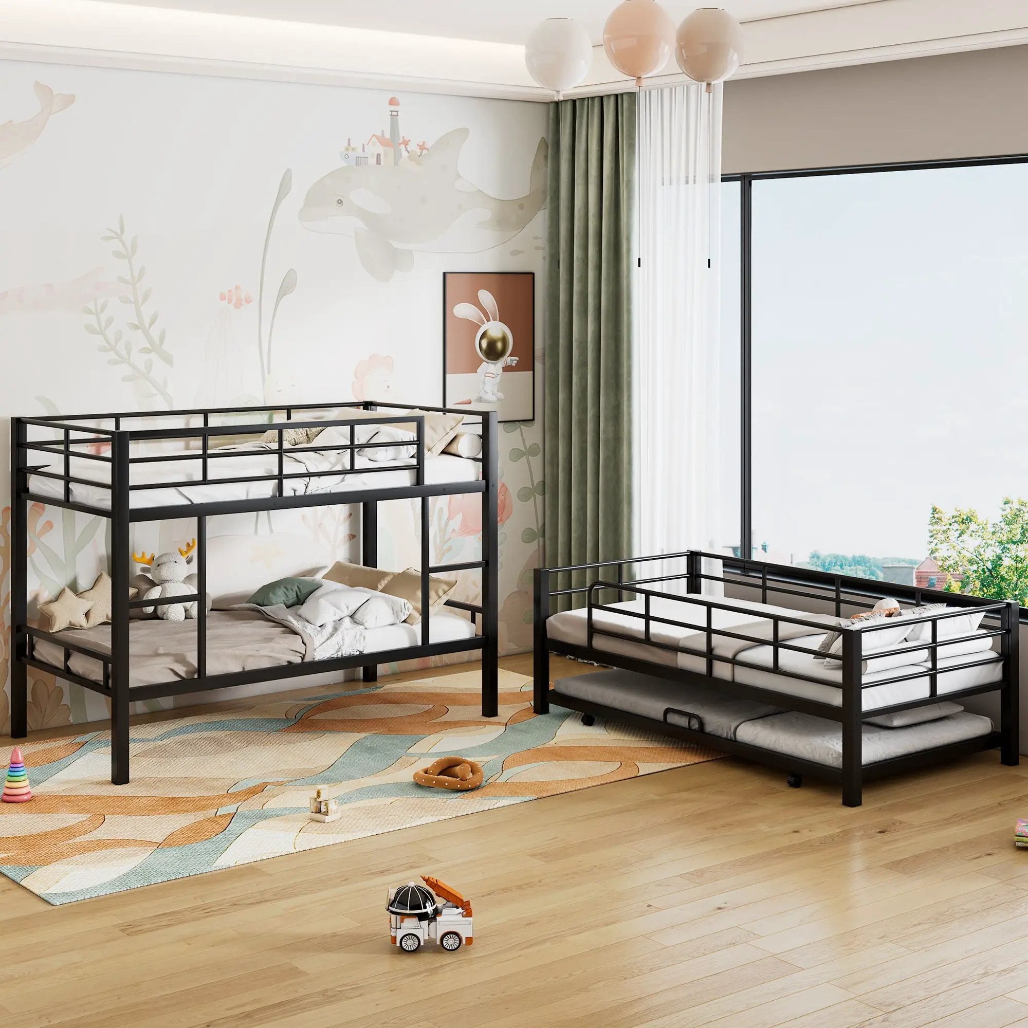 Triple Bunk Bed With Trundle, Heavy Duty Steel Construction by Unique Piece Furniture