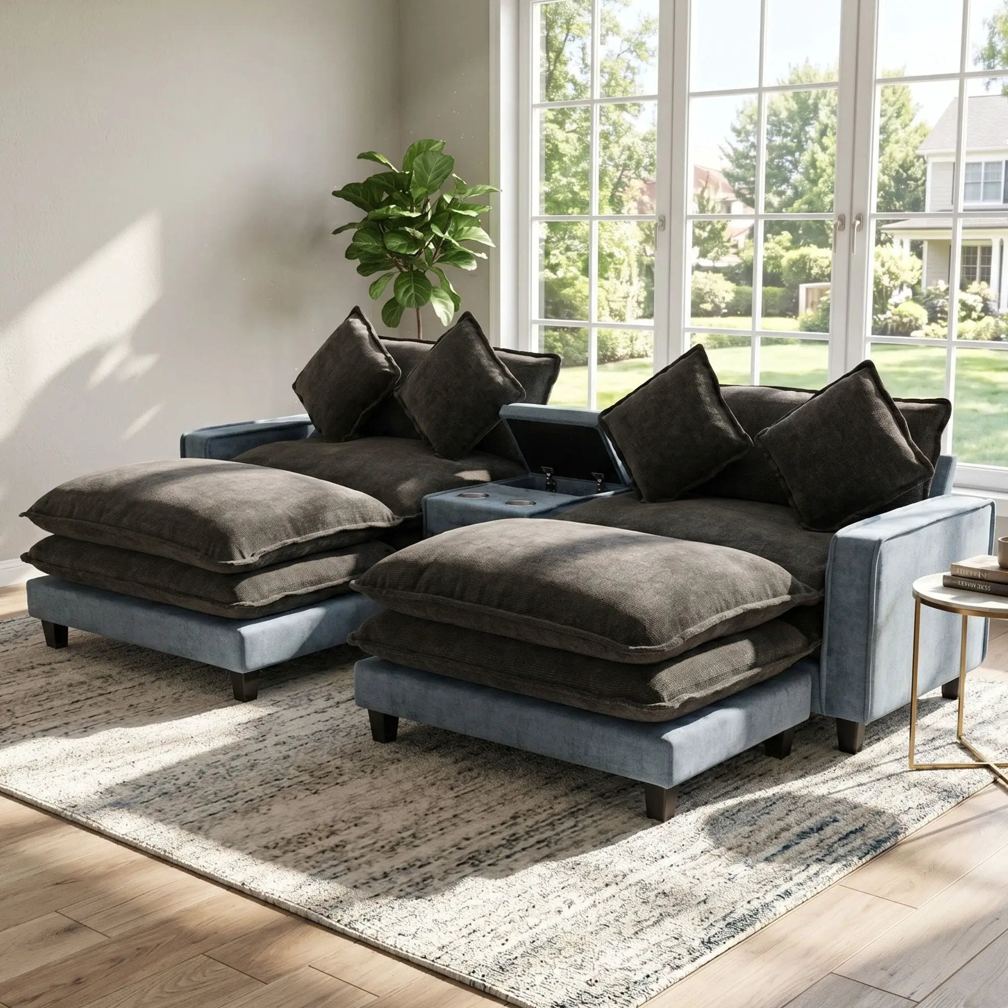 Sectional Sofa With Removable Ottomans, USB Ports, Cup Holders & Storage - Gray / Light Blue by HouseOfZazla