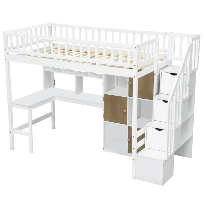 Loft Bed With Built In L Shaped Desk, LED Lights, Storage Shelves, Cabinets, And Staircase by HouseOfZazla