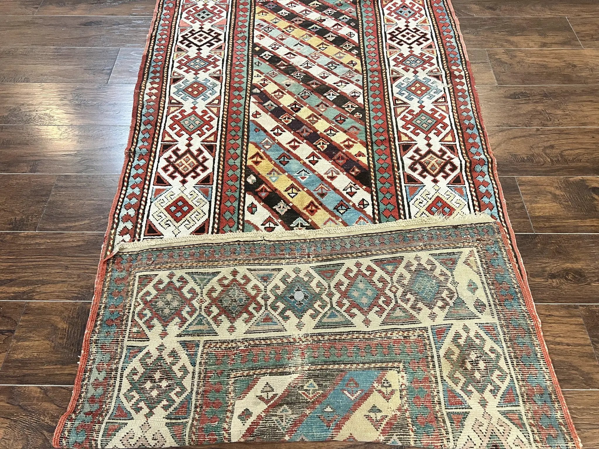 Caucasian Kazak Runner Rug 3.6 x 8, Wool Hand Knotted Antique 1880s Carpet, Ivory & Multicolor Stripes Oriental Runner Rug, Hallway Rug by Jewel Rugs