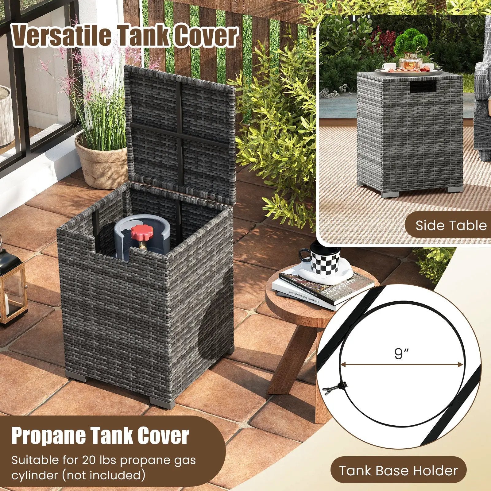 2-Piece Outdoor Rattan Fire Table Set 32 Inch Rectangle Gas Firepit with Tank Cover by DirectDeals
