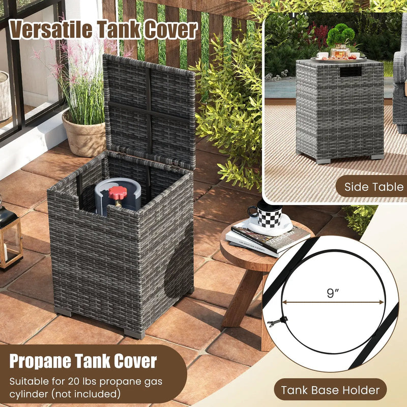 2-Piece Outdoor Rattan Fire Table Set 32 Inch Rectangle Gas Firepit with Tank Cover by DirectDeals