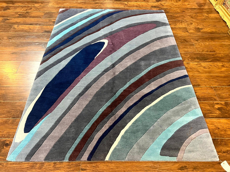 Modern Nepali Handmade Wool Rug 6x8, Blues Gray Mauve, Abstract, Nepali Tibetan Rug by Jewel Rugs