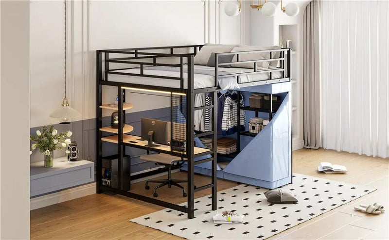 Loft Bed With Desk, Shelves, Power Outlet, LED Light And Wardrobe by HouseOfZazla