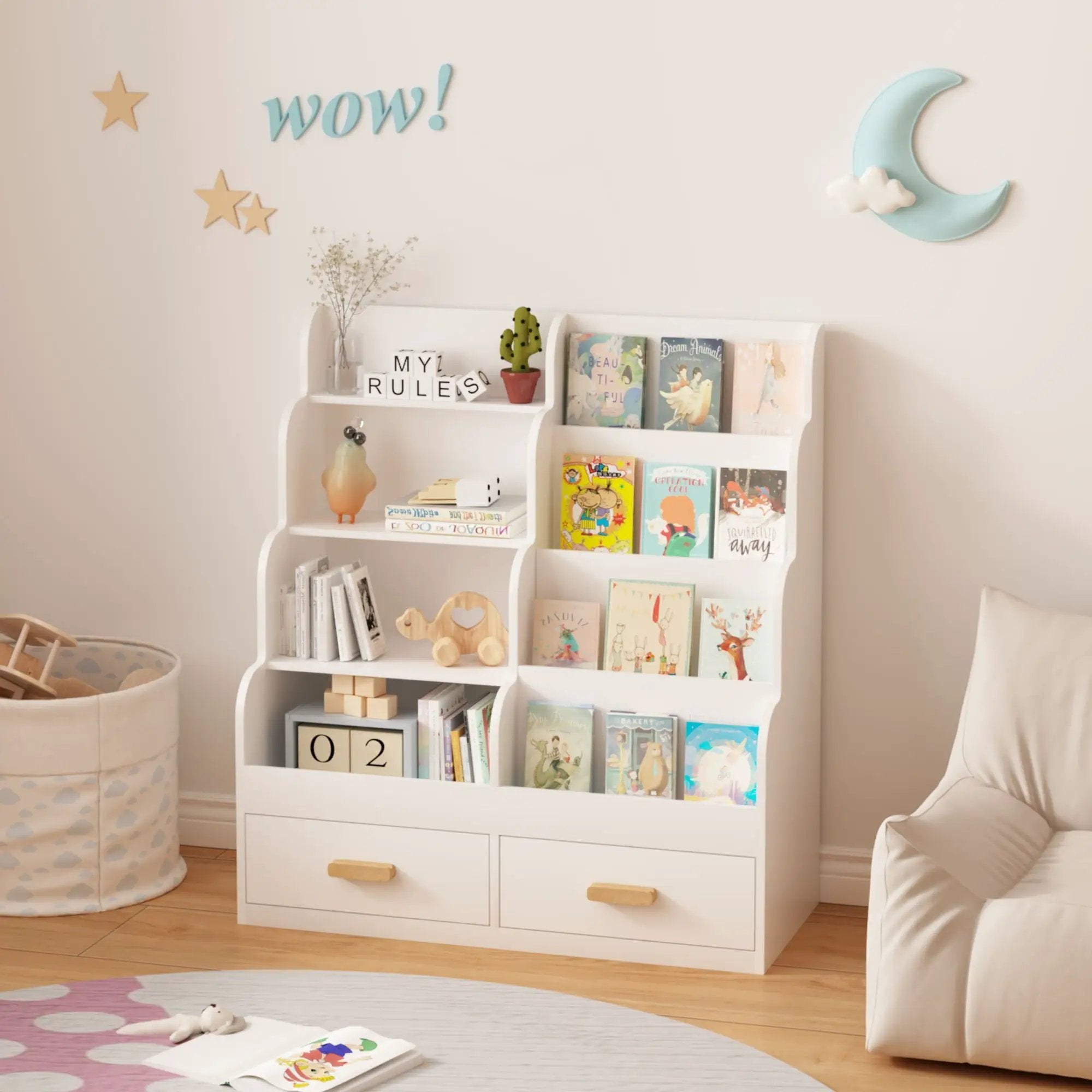 Bookshelf With 2 Storage Drawers, Front Facing Bookcase And Toy Organizer, Multi Tier Reading Shelf - White by Unique Piece Furniture