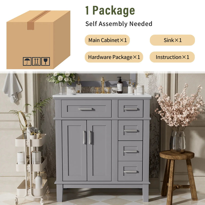 Modern Bathroom Vanity With Sink, Storage Cabinet, Soft Close Doors, Deep & Standard Drawers