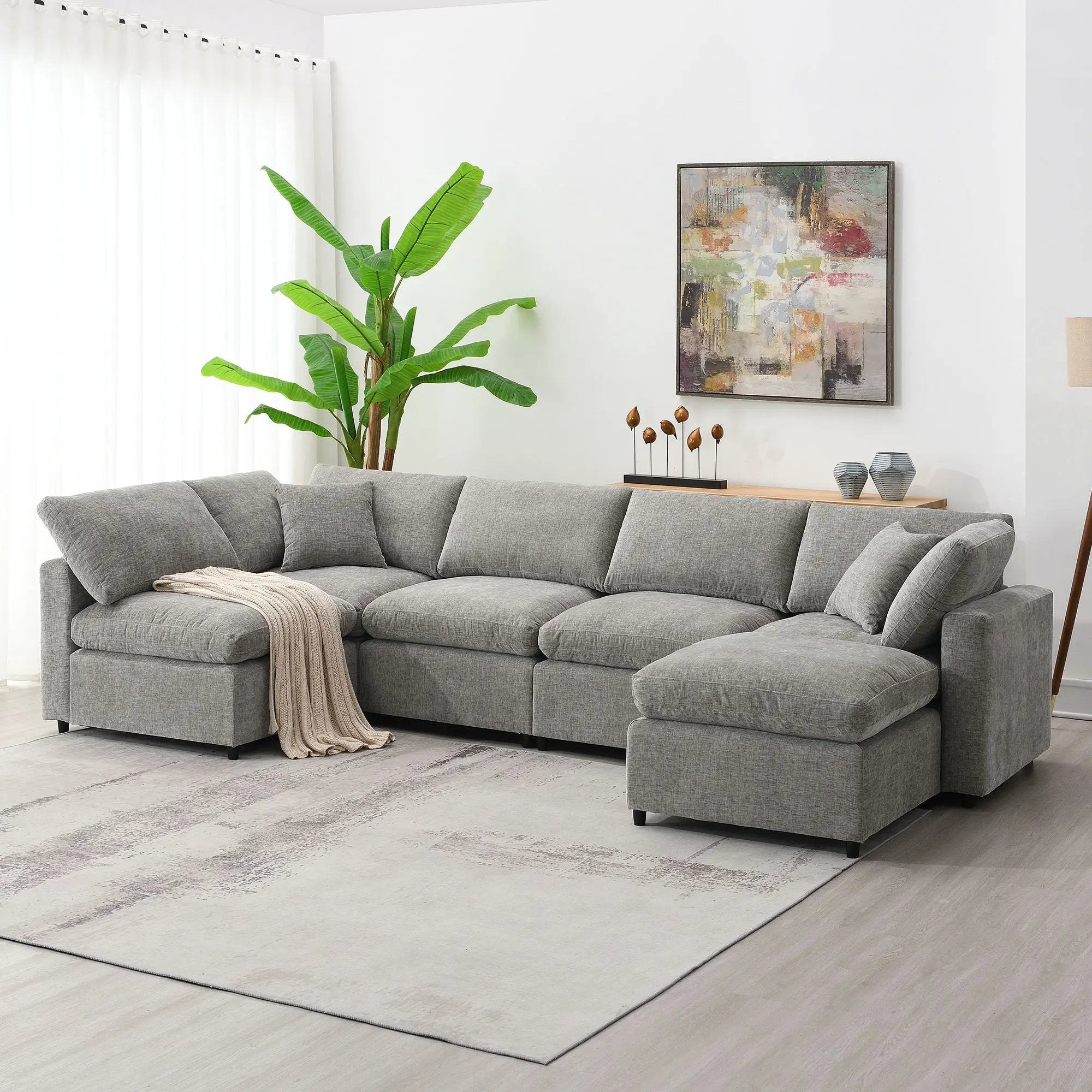 Modern Modular Cloud Sofa Bed, 6 Seat Sectional Couch Set With Ottoman, Free Combination, Convertible U Shaped Sleeper Sofa For Living Room by HouseOfZazla