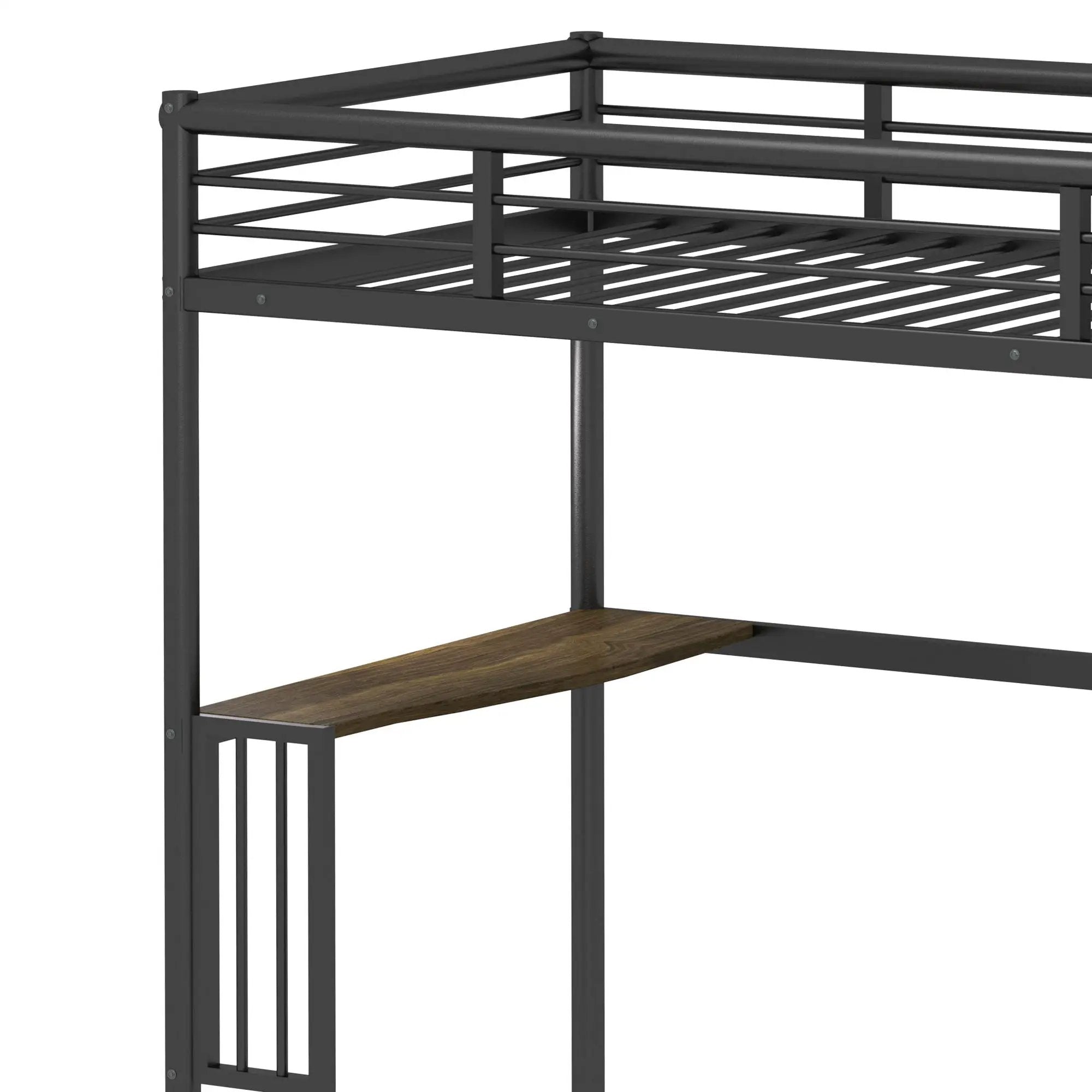 Twin Metal Loft Bed With Desk, Ladder And Guardrails, Bookdesk Under Bed - Black by HouseOfZazla