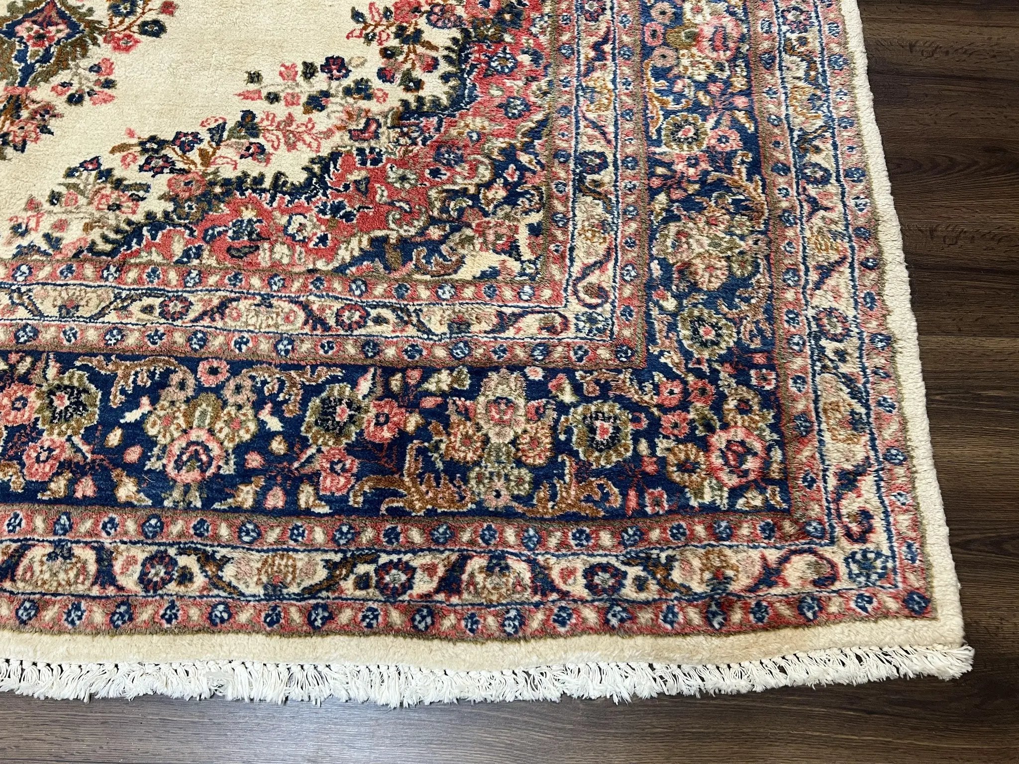 Persian Rug 9x10, Hamadan Rug, Antique Oriental Carpet, Wool Rug, Semi Open Field, Cream and Navy Blue, Kirman Design Hand Knotted Almost Square Rug by Jewel Rugs