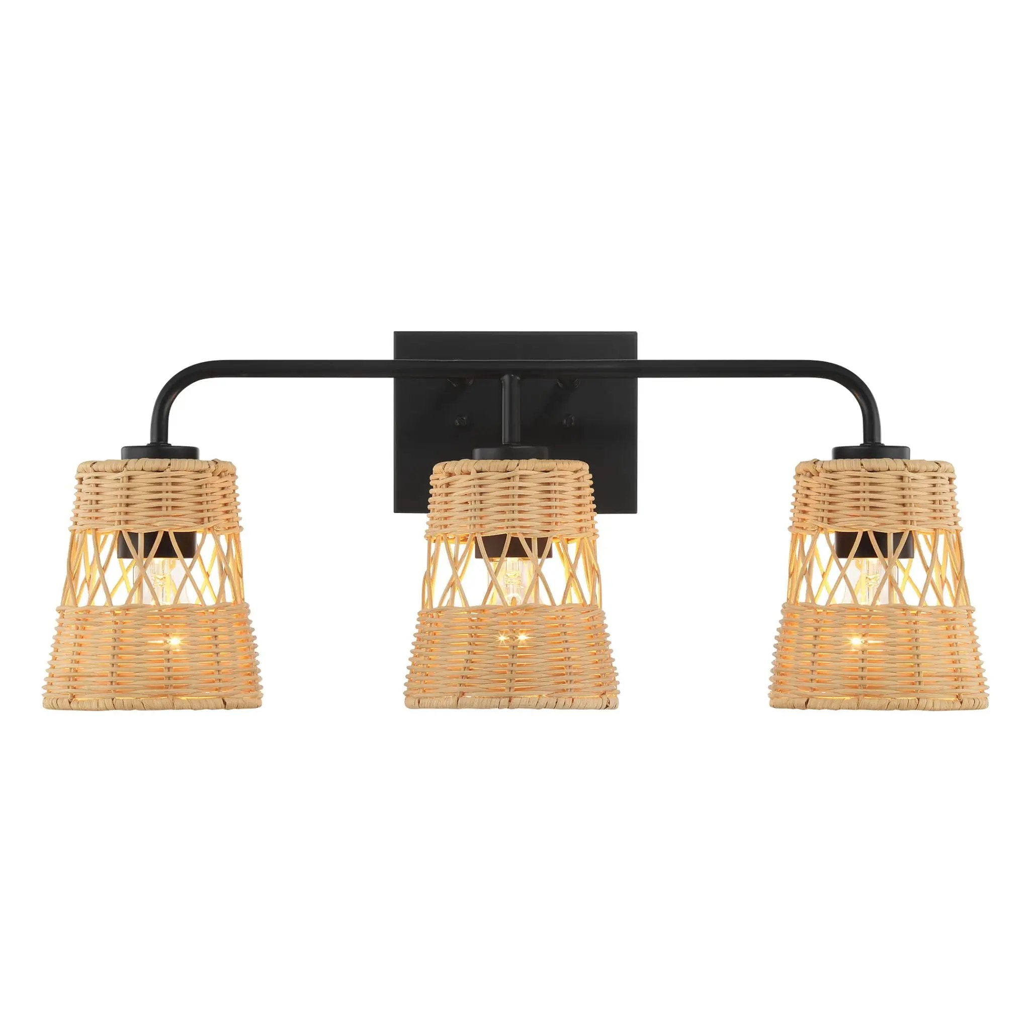 Moonlit - 3 Lights Wall Sconce With Shade, Bathroom Lighting Fixtures Over Mirror - Black / Rattan by Unique Piece Furniture