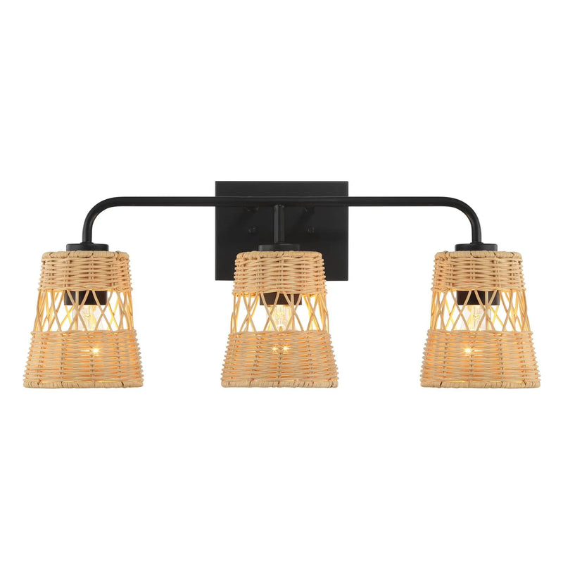 Moonlit - 3 Lights Wall Sconce With Shade, Bathroom Lighting Fixtures Over Mirror - Black / Rattan by Unique Piece Furniture