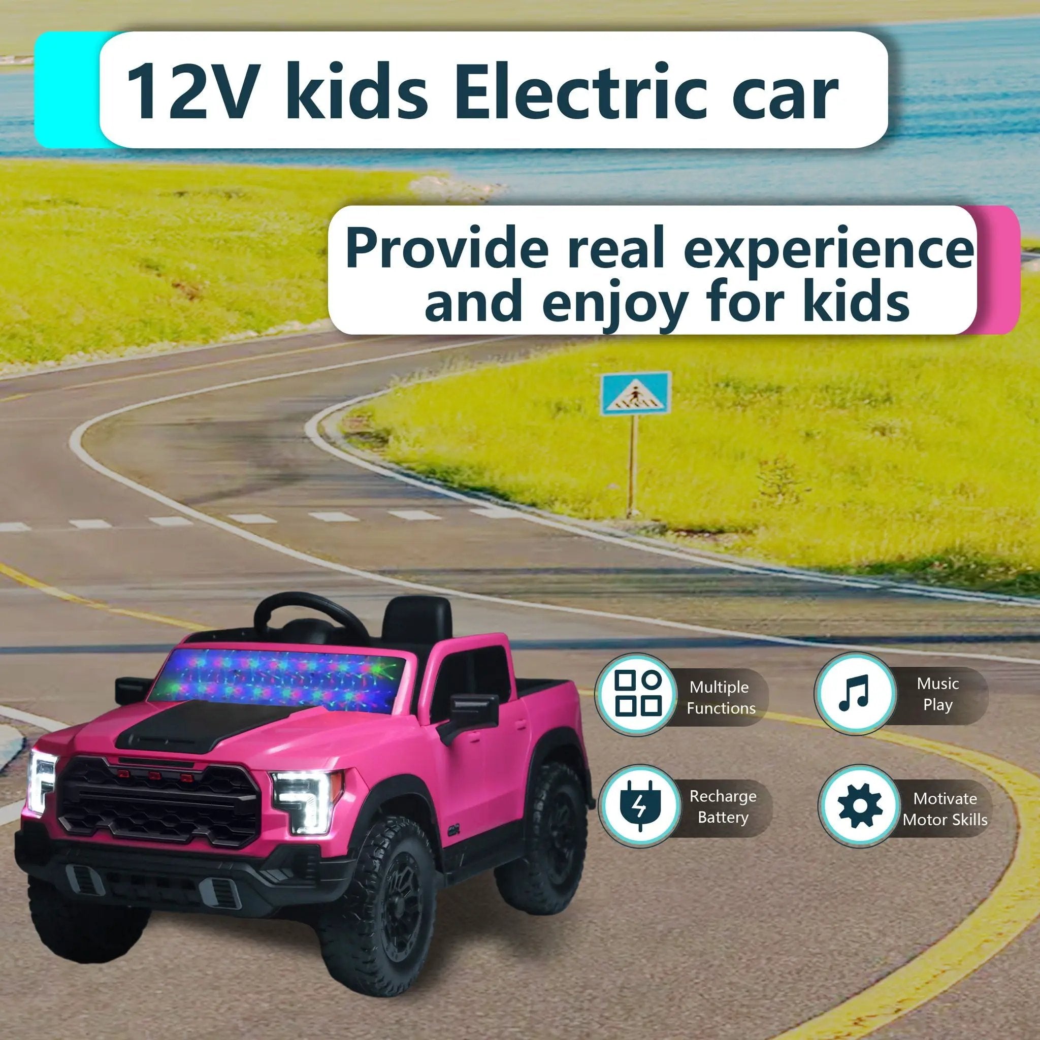 12V Kids Ride On Car With Remote Control, 4 Wheel Shock Absorption, Multifunctional Music Player Perfect Gift For Toddlers - Pink by HouseOfZazla