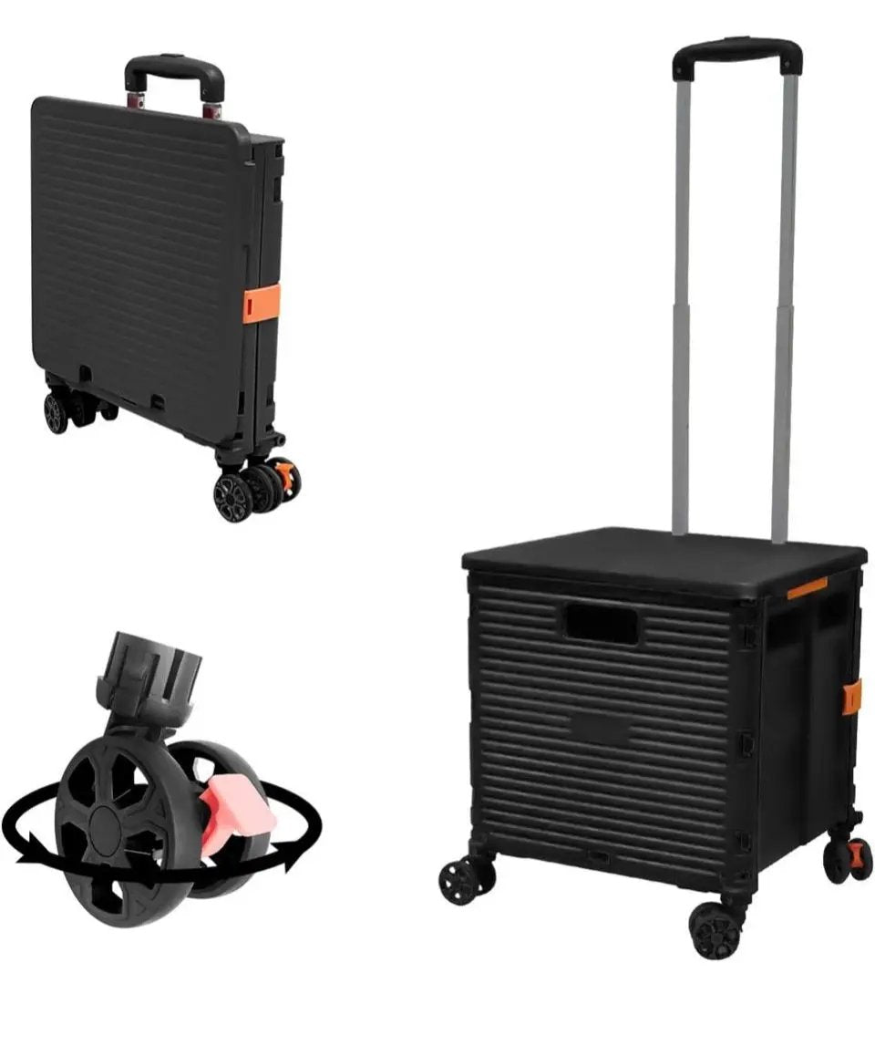 Open Box FELICON Foldable Utility Cart Folding Portable Rolling Crate Handcart with Durable Heavy Duty Plastic Telescoping Handle Collapsible 4 Rotate Wheels for Travel Shop Moving Luggage Office Use (Black) by Selzalot