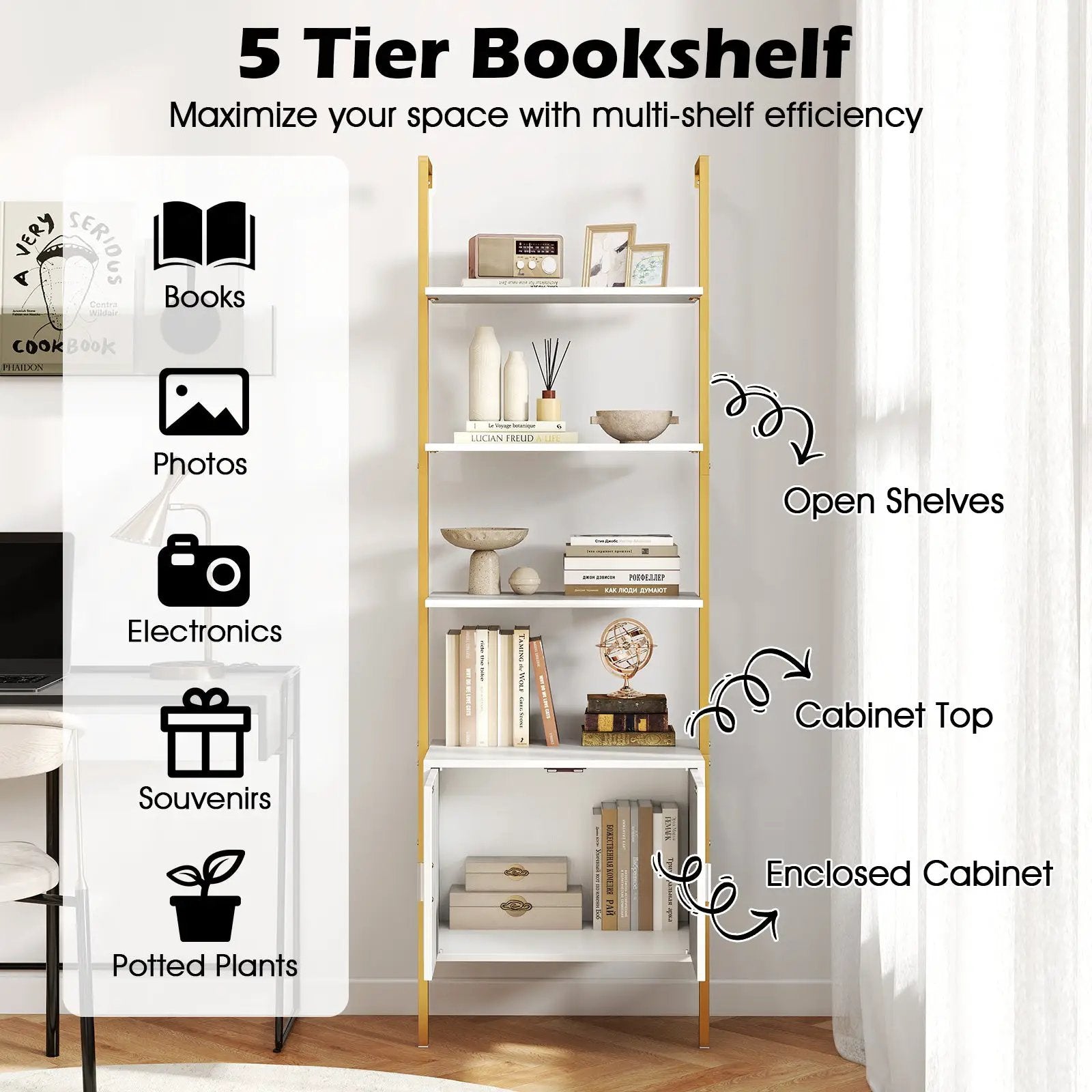 72.5 Inch Tall Bookshelf with Cabinet Anti-Tipping Kits and Metal Frame by DirectDeals