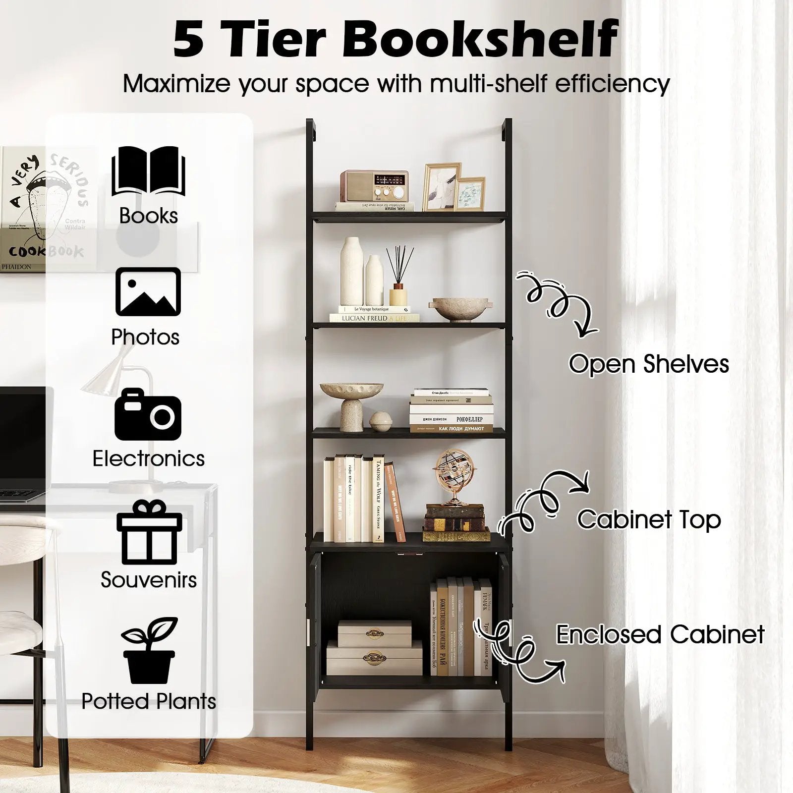 72.5 Inch Tall Bookshelf with Cabinet Anti-Tipping Kits and Metal Frame by DirectDeals