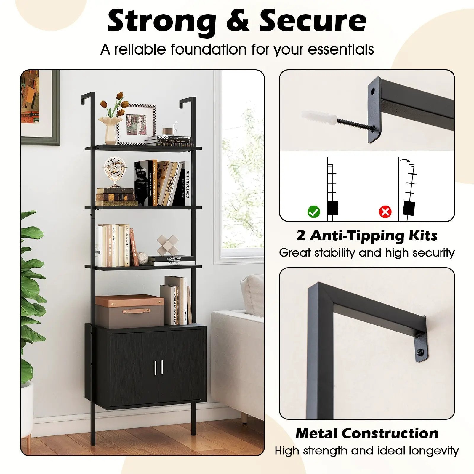 72.5 Inch Tall Bookshelf with Cabinet Anti-Tipping Kits and Metal Frame by DirectDeals