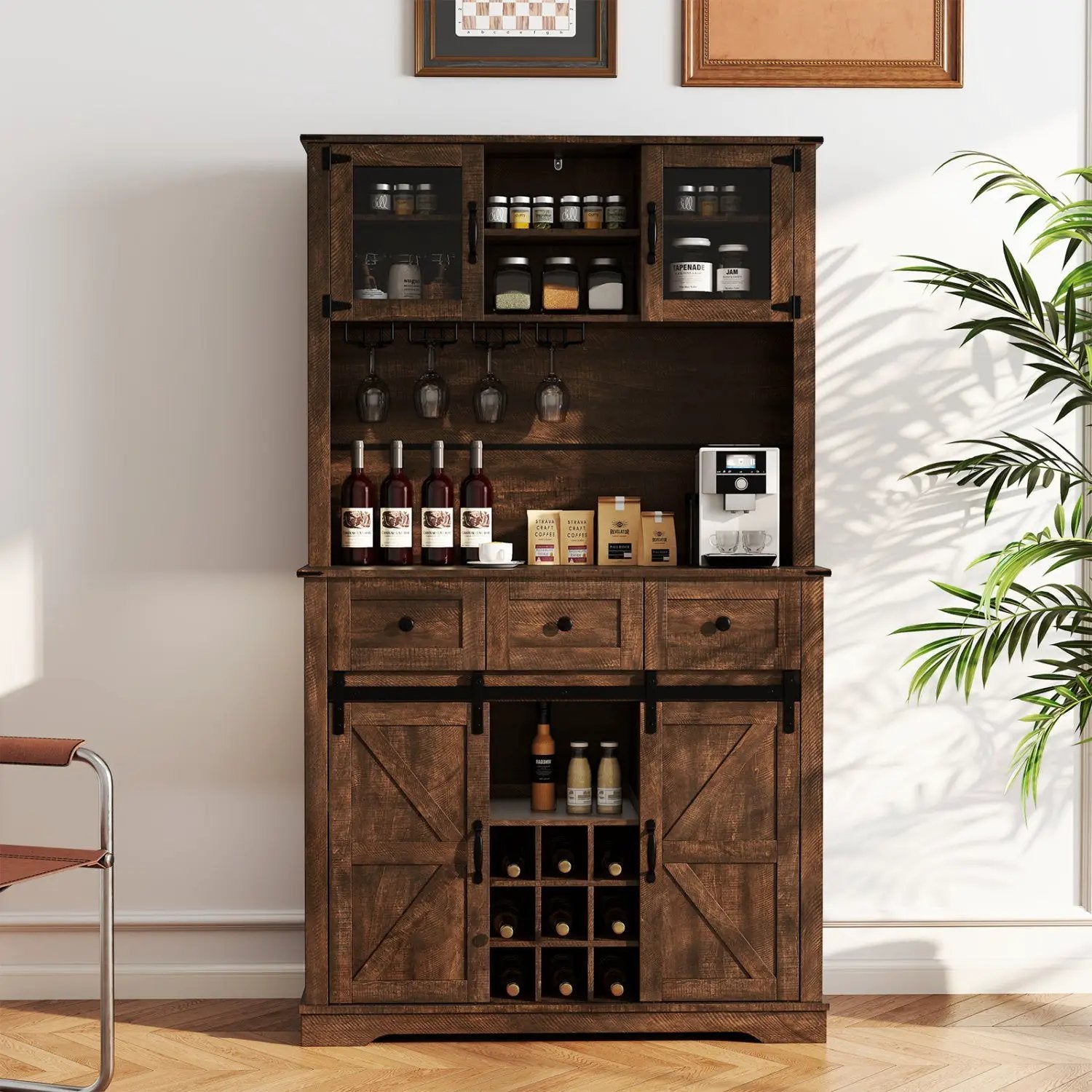 72 Inch Coffee Bar Cabinet with Drawers and Sliding Barn Doors by DirectDeals