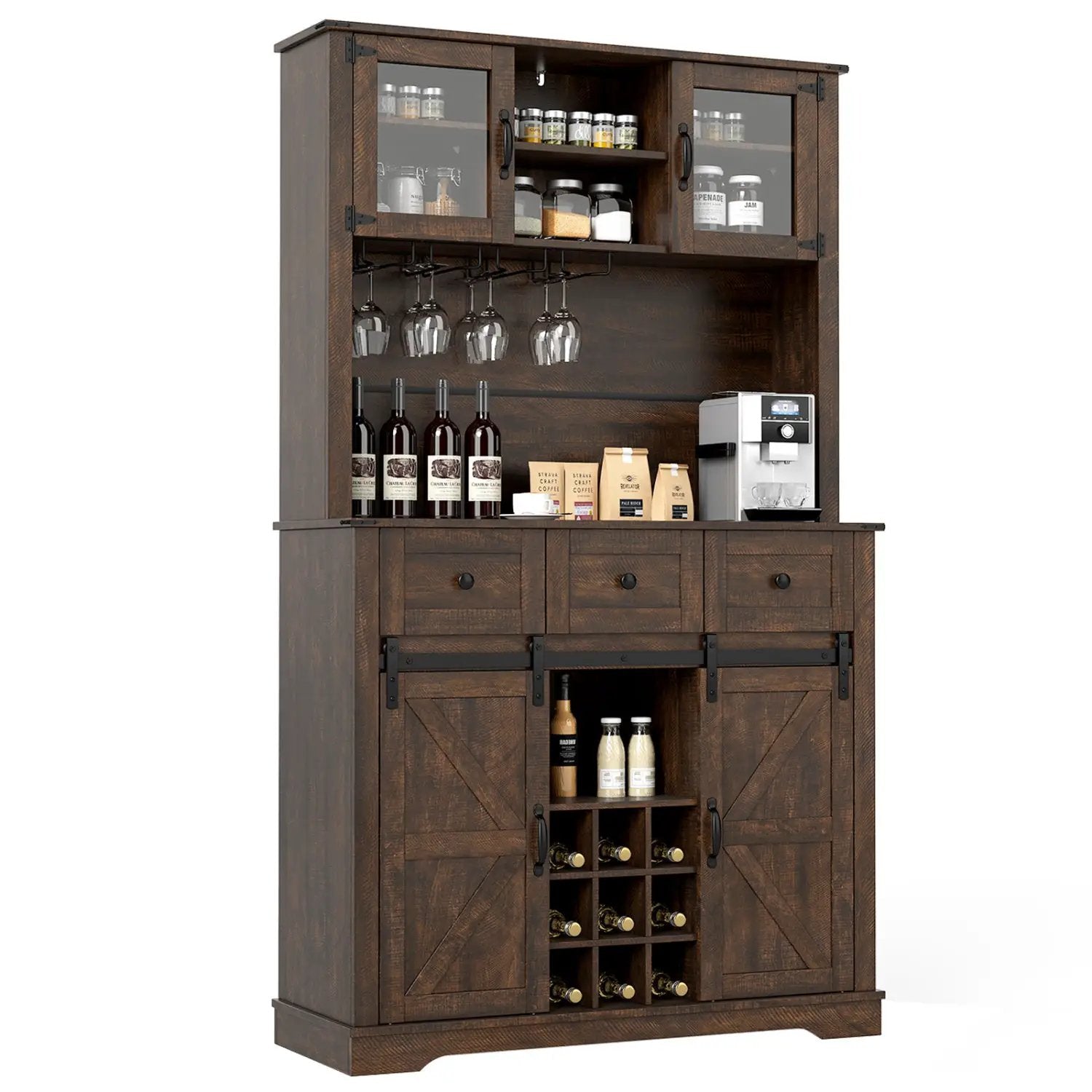72 Inch Coffee Bar Cabinet with Drawers and Sliding Barn Doors by DirectDeals