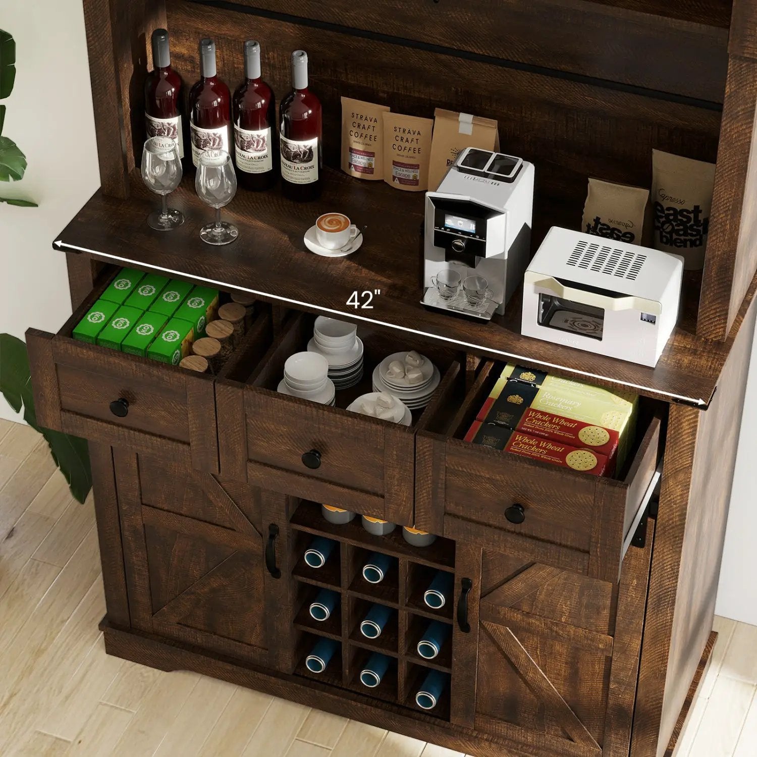 72 Inch Coffee Bar Cabinet with Drawers and Sliding Barn Doors by DirectDeals