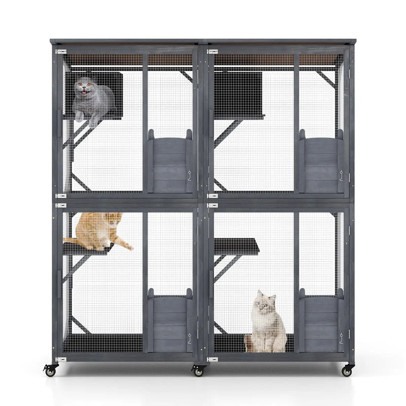 72 Inch Large Wooden Cat House Catio Kitten Enclosure on Wheels with Weatherproof Asphalt Roof-Gray by DirectDeals