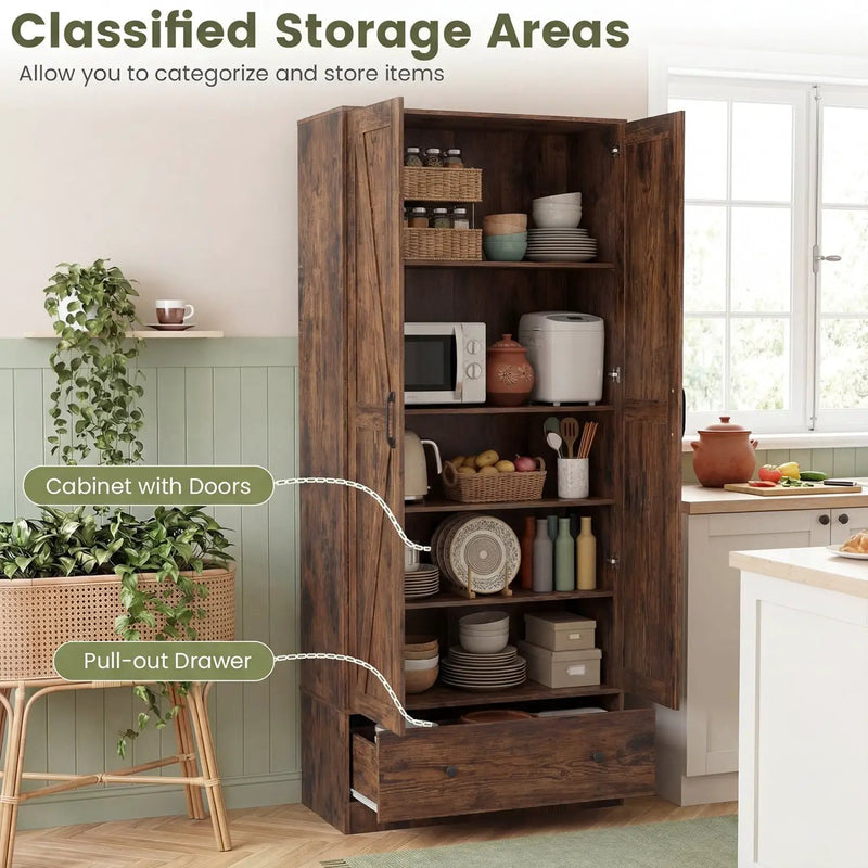 72 Inch Tall Kitchen Pantry Cabinet Farmhouse Wooden Cupboard with 2 Doors by DirectDeals