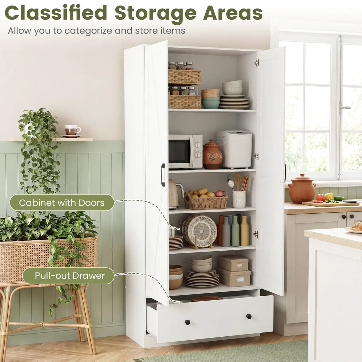72 Inch Tall Kitchen Pantry Cabinet Farmhouse Wooden Cupboard with 2 Doors, photo 14 of 15