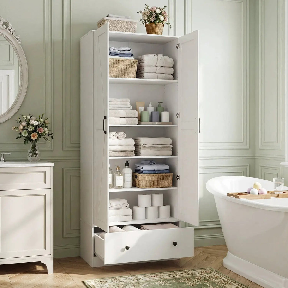 72 Inch Tall Kitchen Pantry Cabinet Farmhouse Wooden Cupboard with 2 Doors, photo 10 of 15