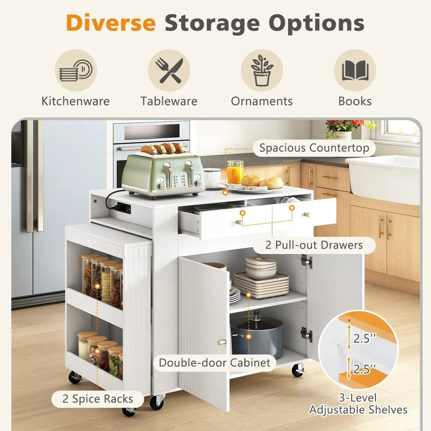72" Kitchen Island with Extendable Dining Table & Power Outlet by DirectDeals