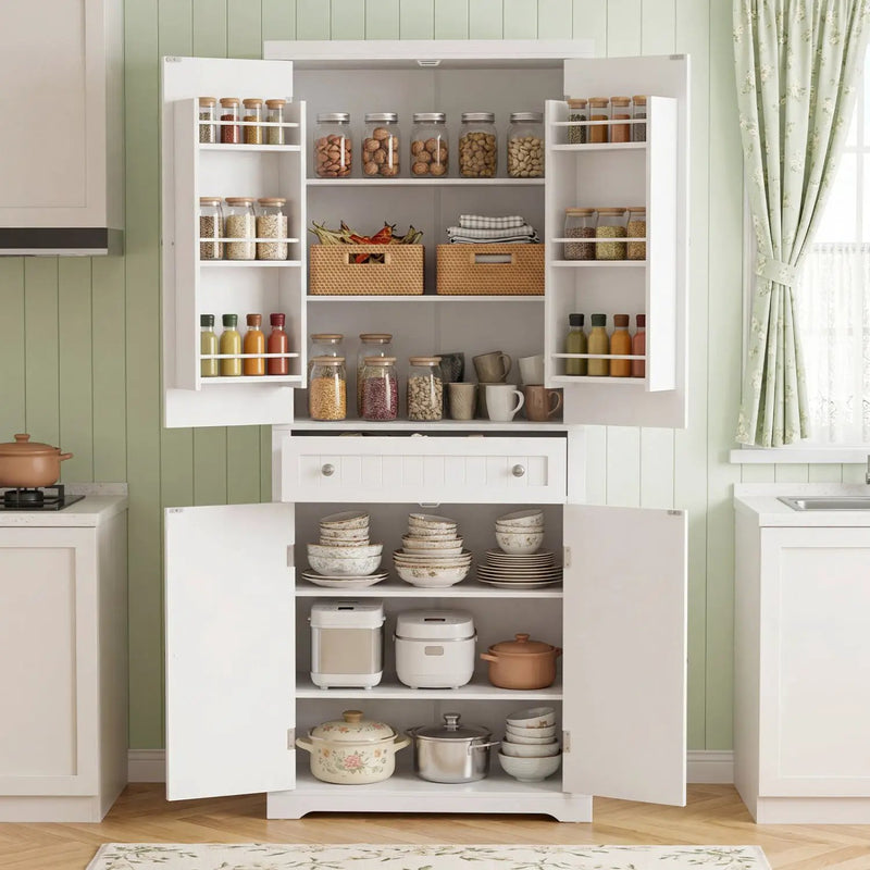 72" Tall Kitchen Pantry Cabinet with 4 Fluted Doors - White by DirectDeals