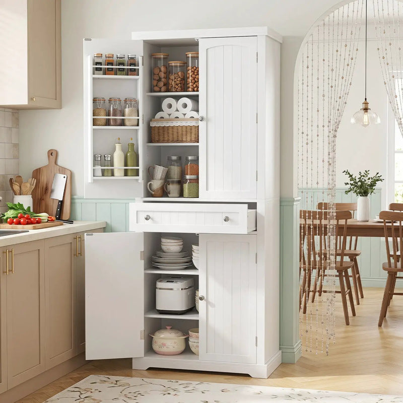 72" Tall Kitchen Pantry Cabinet with 4 Fluted Doors - White by DirectDeals
