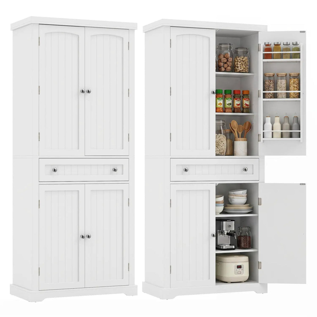 72" Tall Kitchen Pantry Cabinet with 4 Fluted Doors - White by DirectDeals