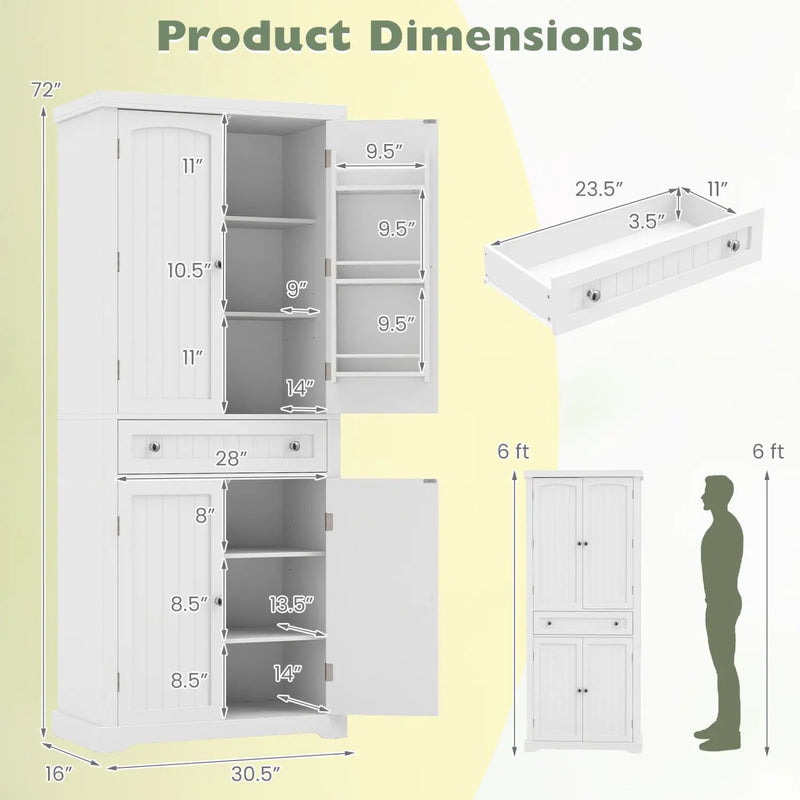 72" Tall Kitchen Pantry Cabinet with 4 Fluted Doors - White by DirectDeals