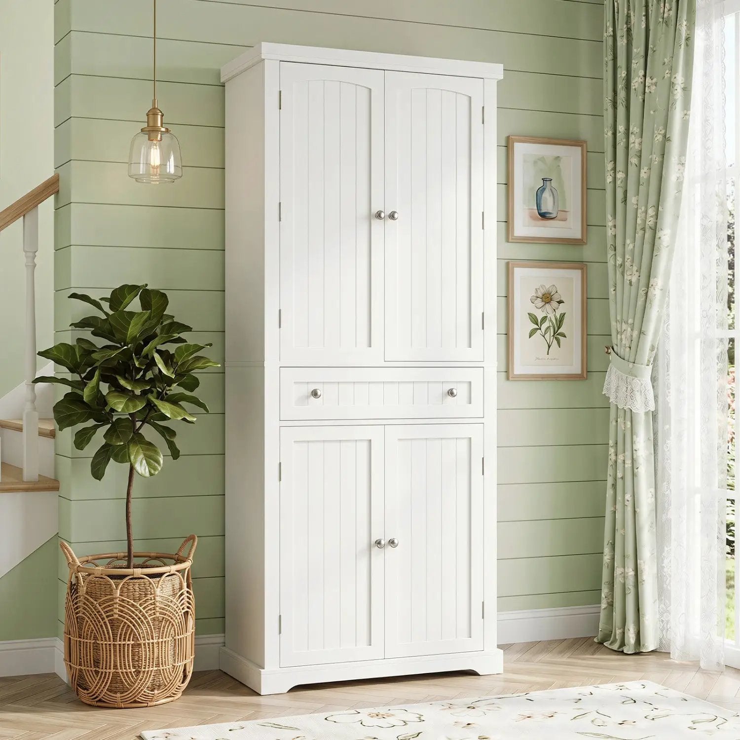 72" Tall Kitchen Pantry Cabinet with 4 Fluted Doors - White by DirectDeals